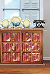 Room with bookshelves and vintage telephone