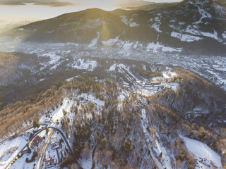 Winter in mountains. View from above. Szczyrk.Poland.