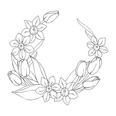 vector monochrome contour illustration of tulip daffodil narcissus flower wreath