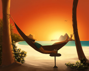 Digital painting of a man relaxing in a hammock on a tropical beach
