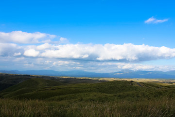Daikanbo view site at Aso city in Kumamoto, Japan. Daikanbo is view point and able to see Mt. Aso volcano and crater of Aso city. Mt. Aso erupted in 2016.