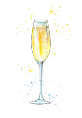 Glass of a champagne.Picture of a alcoholic drink.Watercolor hand drawn illustration. - 133400489