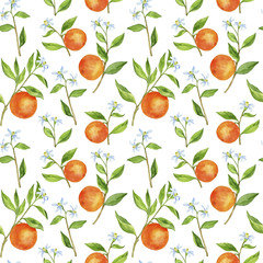 seamless pattern with fruit tree branches with flowers, leaves and oranges