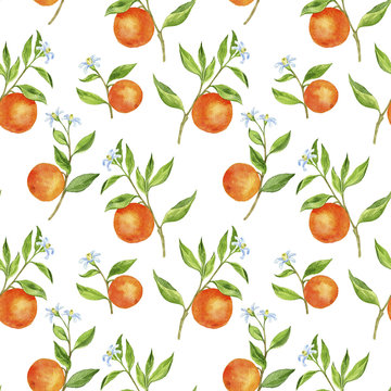 seamless pattern with fruit tree branches with flowers, leaves and oranges