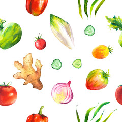 Fototapety  Akwarela ilustracja ze składem produktów uprawianych w gospodarstwie. Wzór na czarnym tle. Zestaw warzyw: korzeń imbiru, fasolka szparagowa, pomidor, cebula, kalarepa. Świeża żywność ekologiczna.