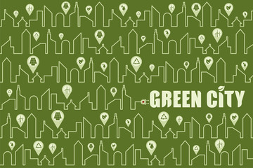 Save environment and green power concept. The line in shape of city with icon of recycle, solar cell, windmill and save environment with text.