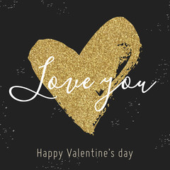 Vector hand drawn heart on black background. Valentine day card with gold glitter heart. Love you. Black, white, gold colors.