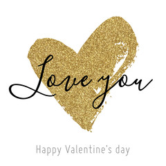 Vector gold glitter heart. Greeting card for Valentine day with hand drawn gold heart on white. Love you. 