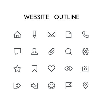 Website outline icon set - home, pencil, document, phone, chat, mail, man, search, gear, star, bookmark, heart, eye, photo and others simple vector symbols. Internet and social network signs.