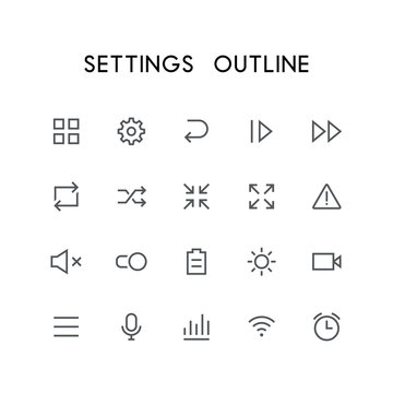 Settings outline icon set - menu, pinion, next, reload, zoom, attention, mute, switch, battery, video, microphone, wi fi, clock and others simple vector symbols. Internet and technology signs.