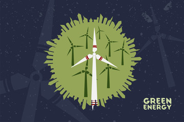 Save environment and green power concept. Round shape of city represent world with windmill inside.