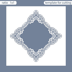 Laser cut wedding invitation card template.  Cut out the paper card with lace pattern.  Greeting card template for cutting plotter. Photo frame are laser cut from a plate. Vector.