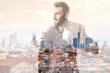 Double exposure portrait of a businessman combinated with Milan city background