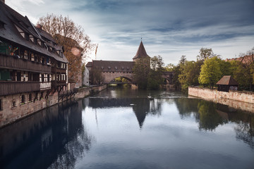 Fototapeta premium Old town of Nuremberg over Pegnitz, Bavaria, Germany.