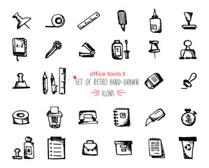 Hand-drawn sketch office tools icon set Black on white background