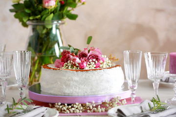 Delicious wedding cake on beautifully served table, closeup