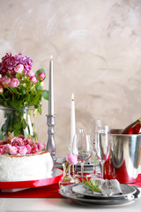 Delicious wedding cake on beautifully served table