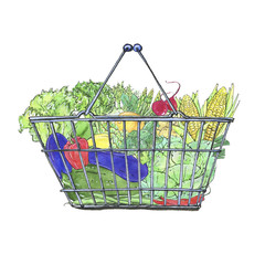 hand drawn watercolor food baskets with vegetables on white background