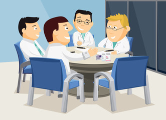 Interior of medical meeting room. Training doctors hospital. Manager describes elective surgery. Vector cartoon simple illustration.