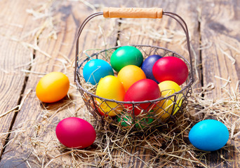 Colorful Easter eggs in a basket
