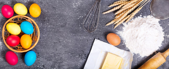 easter cooking : flour, butter and colorful eggs