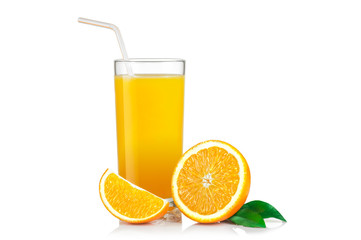Isolated drink. Slices of orange fruit and glass of juice isolated on white with clipping path