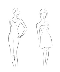 Fashion woman models, sketch. Black outlines, silhouettes.