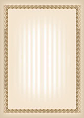 Rectangular brown frame, geometric pattern. Decorative background. Template with A4 page proportions. 