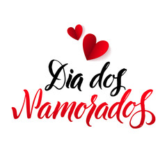 Fototapeta na wymiar Happy Valentines Day. Portuguese Black and Red Lettering Greeting Card White Background. Hand Drawn Calligraphy. Lovely Poster.