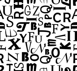 Seamless vector background with letters. Black characters on white background, different fonts.