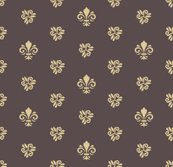 Seamless vector golden pattern. Modern geometric ornament with royal lilies. Classic vintage background