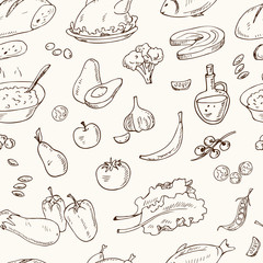 Vector hand drawn set of healthy food vegetables, fruits, meat.