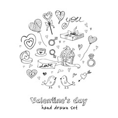Valentine doodle set with hearts, flowers, gifts, candus and birds.