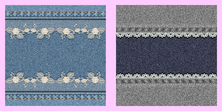 Set of two denim textured background with lace.