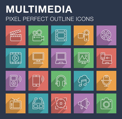 Set of pixel perfect outline multimedia icons with long shadow. Editable stroke.