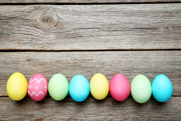 Easter eggs on a grey wooden table