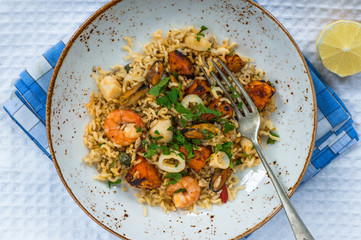 Seafood pilaf or risotto