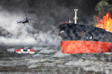 A helicopter rescue mission in difficult stormy weather - Burning ship at sea.
