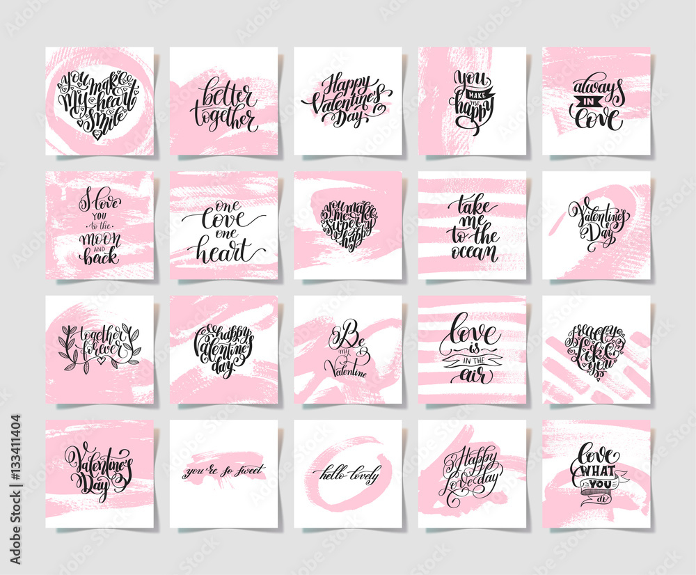 Wall mural set of pink grunge happy valentines day handwritten lettering ho