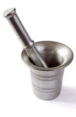 Metal mortar and pestle on on a white background.