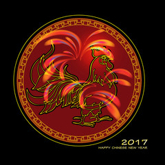 Red Rooster Year Card Design. Round label on a black.