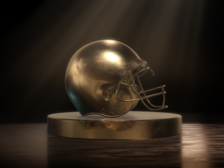 golden football helmet with dark background.3D rendering - obrazy, fototapety, plakaty