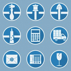 A set of glass processing icons in flat style. Cutting, grinding and polishing the edges. The cost of glass, glass bonding, transport and contacts