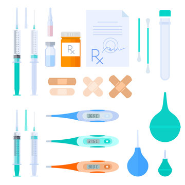 Science and medical equipment and accessory set. Vector flat illustration of clinic, hospital and laboratory objects and tools. Isolated on white background. Pharmacy, healthcare elements and symbols.