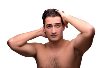 Handsome man after shower isolated on white