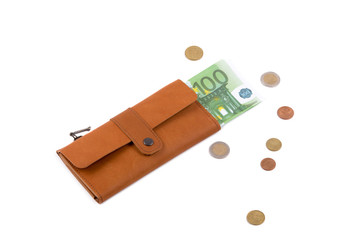 Brown purse with money on white background