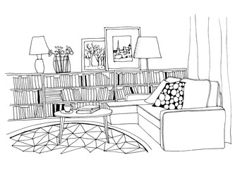 Hand drawn sketch of modern living room interior with a sofa, pillows, small coffee table, bookshelf with a lot of books, lamps, pictures and a vase.