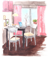 Watercolor illustration of modern interior - kitchen with a table and two chairs on a background of morning window