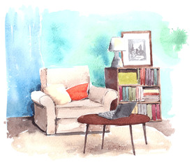 Elegant watercolor illustration of modern interior - living-roon with a table and notebook, an armchair, bookshelf.