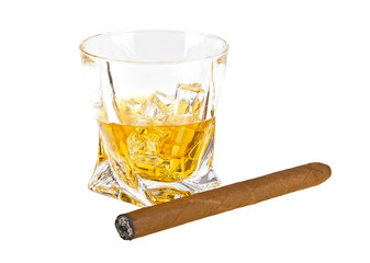 Glass of whiskey with ice and cigar isolated on white background